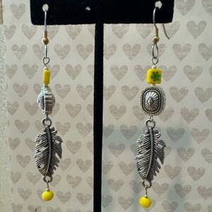 Silver Feather Earrings with Yellow Millefiori Bead Accents